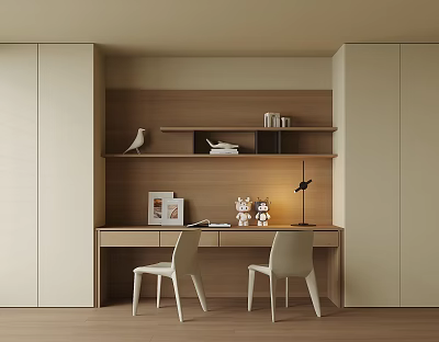 Modern Minimalist Desk Interior With Wooden Shelves Two Chairs And Table Lamp 3d model
