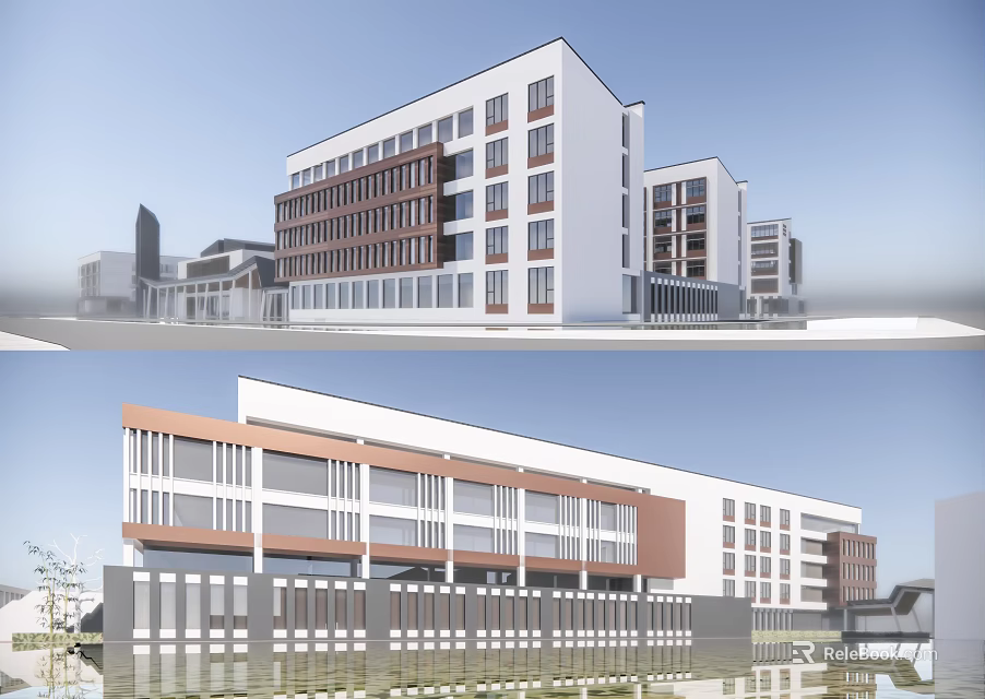 Modern Multi Story School Building With White Brown Facade And Large Windows 3d model 