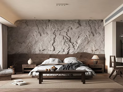 Hotel Guest Room With Stone Textured Wall Wooden Bed Bench And Bedside Table Lamp 3d model