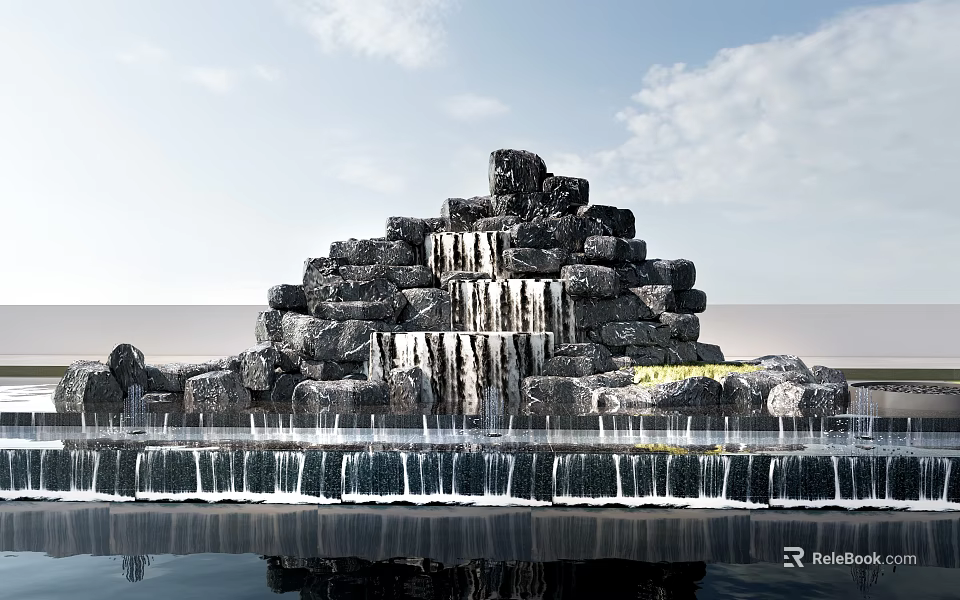Elegant Stone Rockery Waterfall Garden Ornament With Decorative Pond And Reflection 3d model 