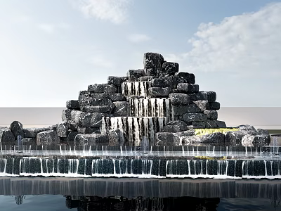 Elegant Stone Rockery Waterfall Garden Ornament With Decorative Pond And Reflection 3d model