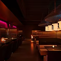 Cozy Bar Interior Design With Warm Pendant Lights Wooden Dividers And Seating Areas