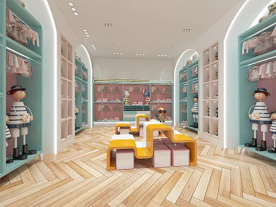 Kids Clothing Store Interior With Green Shelves Children Clothes Yellow Seating And Decorative Dolls 3d model