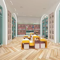 Kids Clothing Store Interior With Green Shelves Children Clothes Yellow Seating And Decorative Dolls