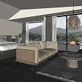 Warm Natural Hotel Guest Room With Cozy Bed Sofa Coffee Table And Mountain View Through Floor To Ceiling Windows