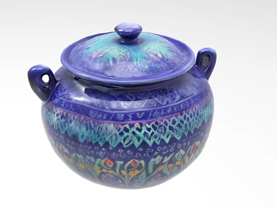 Hand Painted Purple Ceramic Jar With Floral Geometric Patterns Lid And Handles 3d model