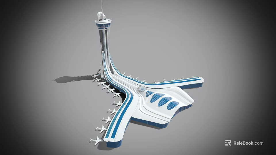 Colorful Cartoon Scenery of Modern Airport with Control Tower Runways and Airplanes 3d model 