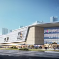 Modern Commercial Complex With Glass Facade Shopping Center Area With Pedestrians And Vehicles