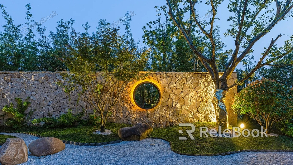 Modern Landscape Wall Courtyard Landscape Wall Cultural Stone Landscape Wall Moon Cave Door Landscape Wall Enclosure Micro-terrain Pebble Gravel Landscape Trees Shrub Plants model