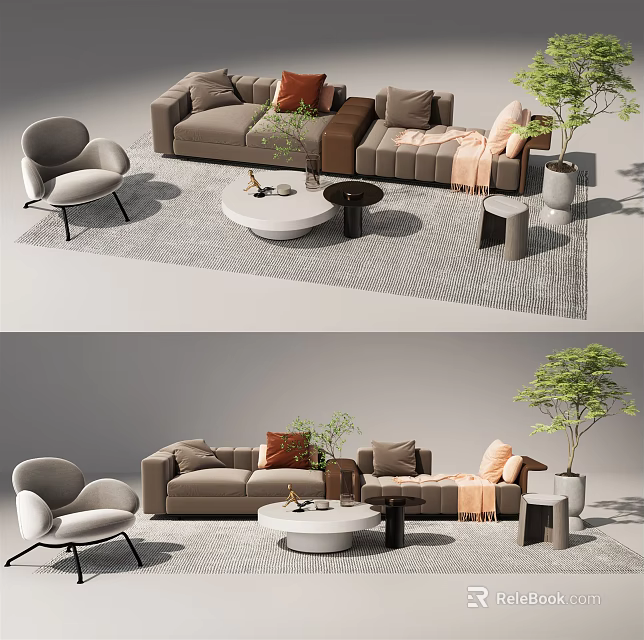 Modern L Shaped Sofa Coffee Table Set With Round Table And Accent Chair 3d model