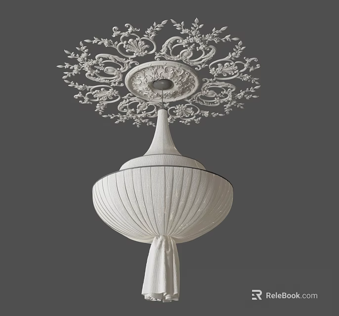 Elegant White Chandelier With Ornate Ceiling Medallion And Pleated Shade 3d model 