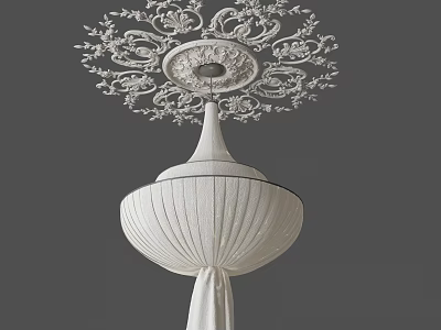 Elegant White Chandelier With Ornate Ceiling Medallion And Pleated Shade 3d model