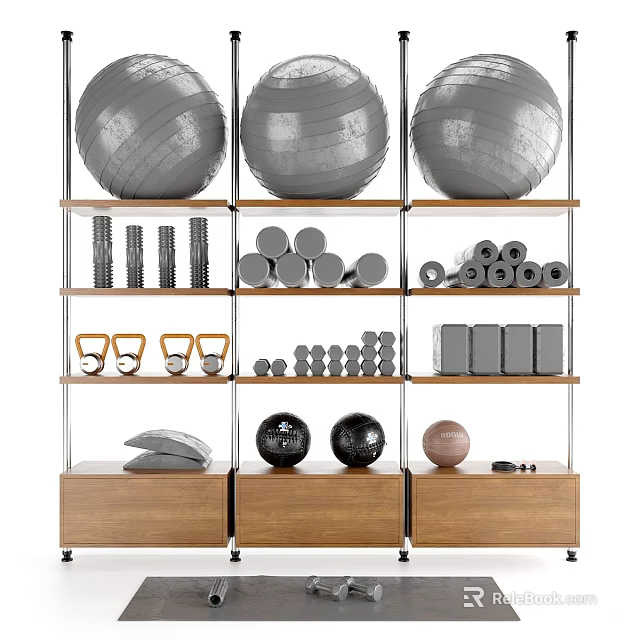 Fitness Equipment Display With Stability Balls Dumbbells Kettlebells And Storage Units 3d model 