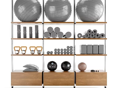 Fitness Equipment Display With Stability Balls Dumbbells Kettlebells And Storage Units 3d model