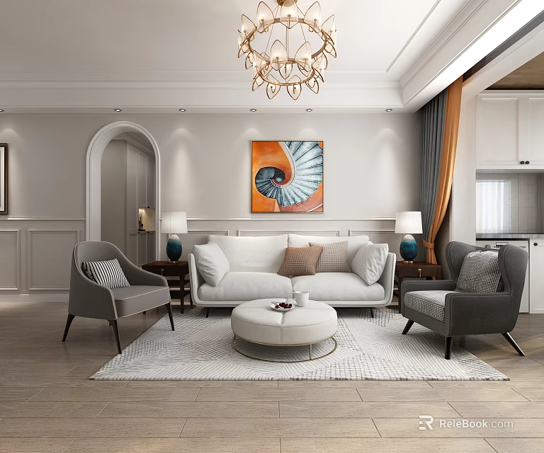Modern Living Dining Room Interior Design With White Sofa Gray Armchairs Coffee Table And Chandelier 3d model 