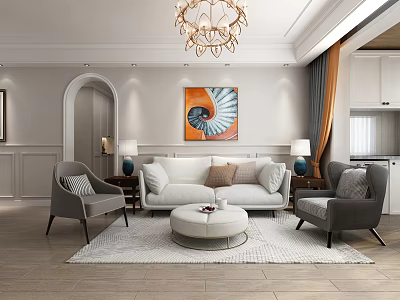 Modern Living Dining Room Interior Design With White Sofa Gray Armchairs Coffee Table And Chandelier 3d model