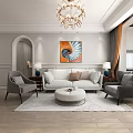 Modern Living Dining Room Interior Design With White Sofa Gray Armchairs Coffee Table And Chandelier