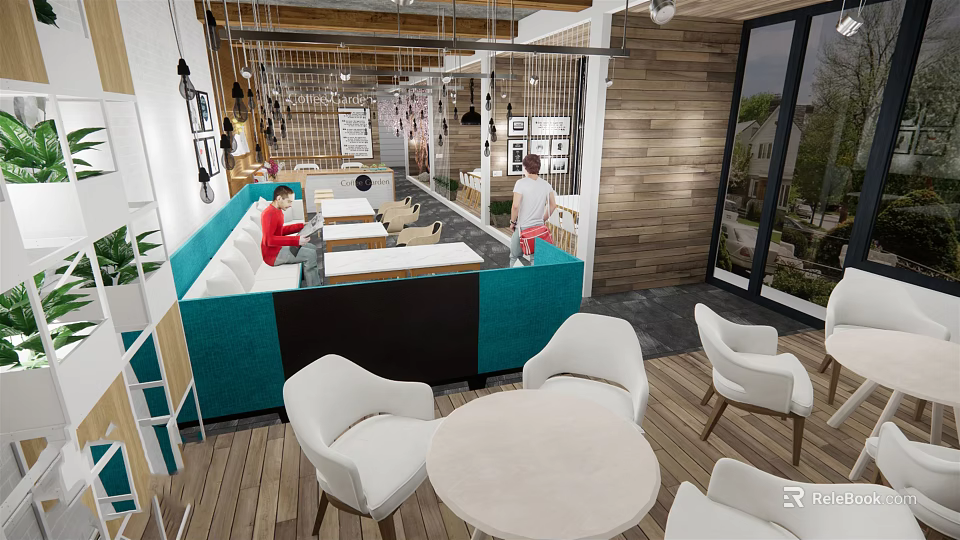 Modern Café Interior With Wooden Accents Pendant Lights And Round White Tables 3d model 