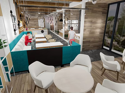 Modern Café Interior With Wooden Accents Pendant Lights And Round White Tables 3d model