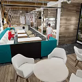 Modern Café Interior With Wooden Accents Pendant Lights And Round White Tables