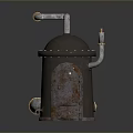 Vintage Industrial Metal Device With Rusty Surface Attached Pipes And Small Door