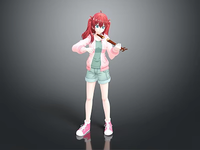 Red Haired Girl In Pink Jacket Holding Violin With Green Shorts And Pink Shoes 3d model