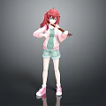 Red Haired Girl In Pink Jacket Holding Violin With Green Shorts And Pink Shoes