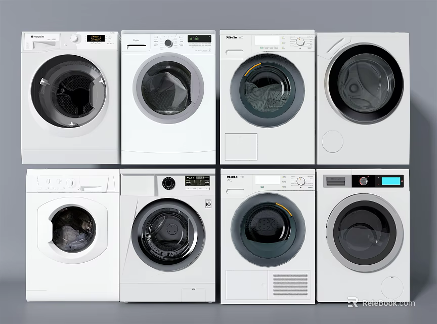Multiple White Front Loading Washing Machines with Various Control Panel Designs 3d model 