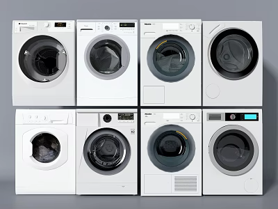 Multiple White Front Loading Washing Machines with Various Control Panel Designs 3d model