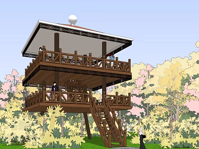 Roadside Scenic Facility Wooden Observation Deck With Two Floors Stairs And Surrounding Trees 3d model