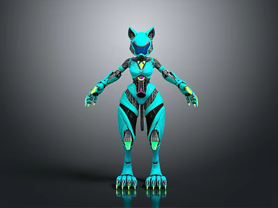 Turquoise Cat Like Robot Character With Creature Features And Mechanical Design Elements 3d model