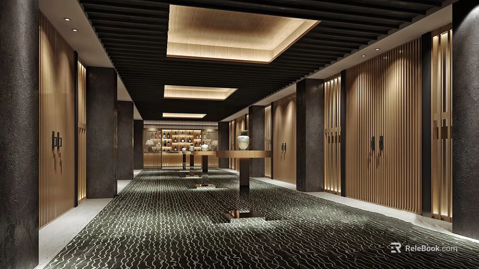 Modern Hotel Corridor with Wooden Walls Dark Pillars Patterned Carpet and Ceiling Lighting 3d model 