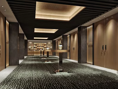 Modern Hotel Corridor with Wooden Walls Dark Pillars Patterned Carpet and Ceiling Lighting 3d model
