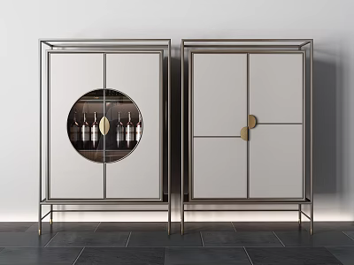 Modern Wine Cabinet With Metal Frame Round Glass Door White Panel And Gold Accents 3d model