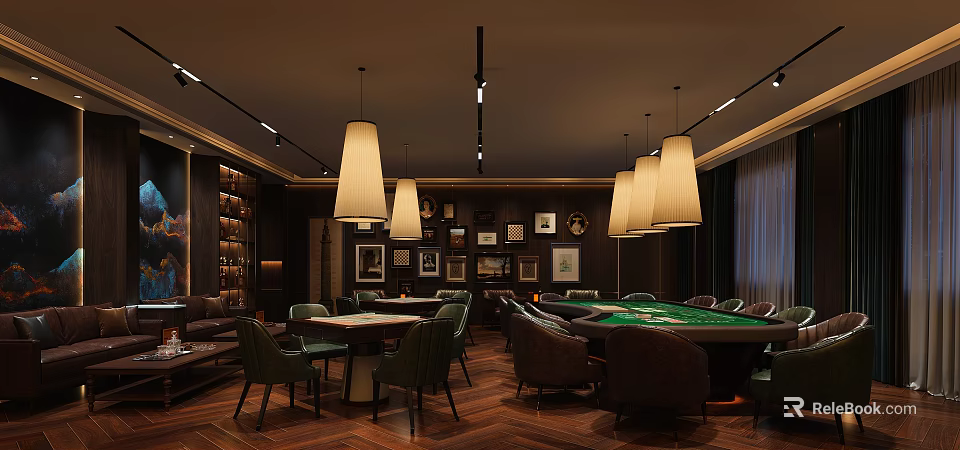 Elegant Luxury Club Interior Design With Pendant Lights Game Tables And Decorative Artworks 3d model 