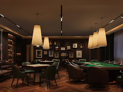 Elegant Luxury Club Interior Design With Pendant Lights Game Tables And Decorative Artworks 3d model