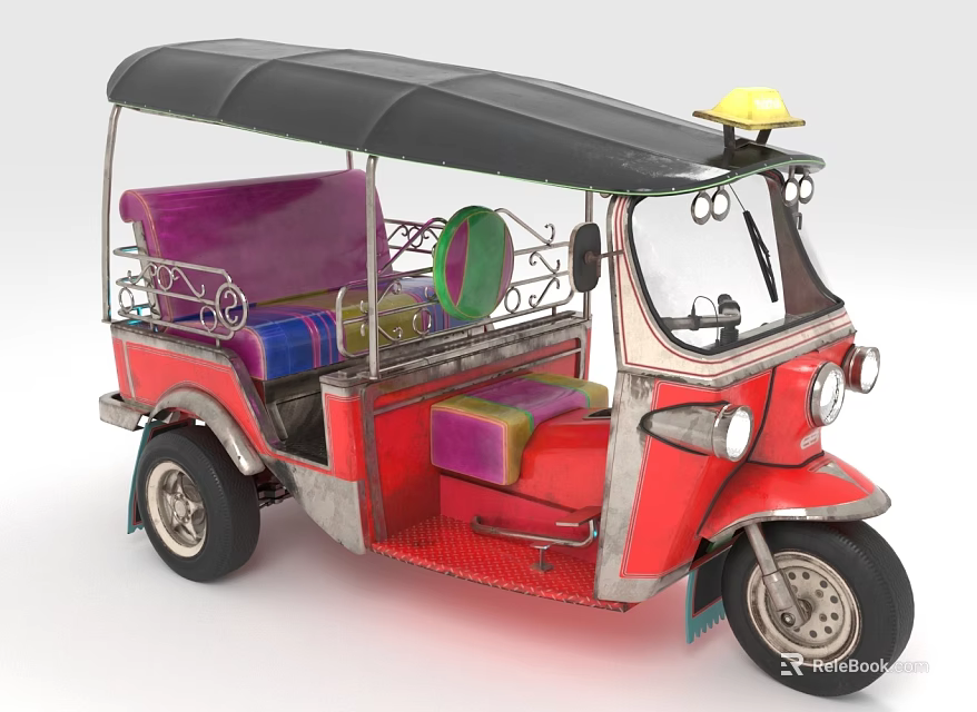 Red Three Wheeled Tuk Tuk With Black Roof Purple Seats And Colorful Details 3d model 