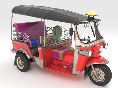 Red Three Wheeled Tuk Tuk With Black Roof Purple Seats And Colorful Details 3d model