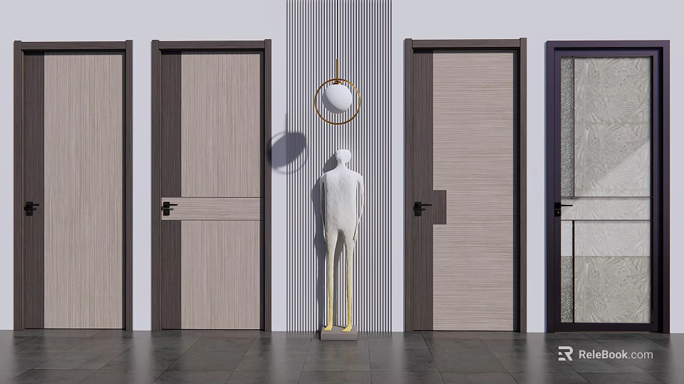Modern Wooden Hinged Doors With Dark Frames And Vertical Striped Wall Interior 3d model