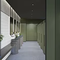 Modern Public Restroom Interior Design With Gray Tiled Walls Sinks Mirrors Stalls And Small Plant