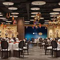 Elegant Restaurant Interior With Colorful Chandeliers Blue Windows And Wooden Partitions