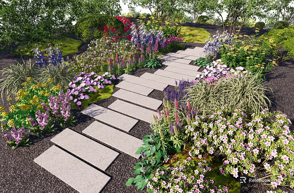 Serene Garden Landscape With Stone Path Colorful Flowers Green Plants And Trees 3d model 