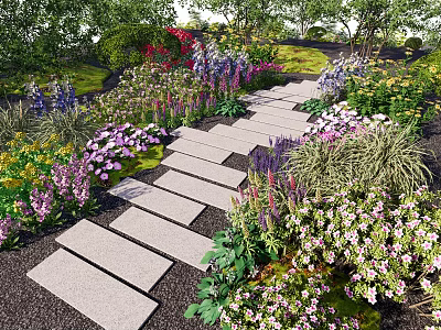 Serene Garden Landscape With Stone Path Colorful Flowers Green Plants And Trees 3d model