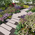 Serene Garden Landscape With Stone Path Colorful Flowers Green Plants And Trees