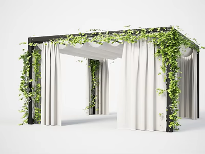 Stylish Pergola with Black Frame Green Vines and White Curtains Decorative Design 3d model