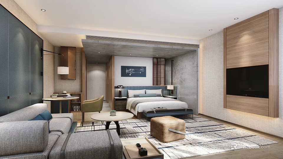 Stylish Hotel Guest Room Featuring Comfortable Bed Sofa Area TV Rug Desk And Decorative Elements 3d model 