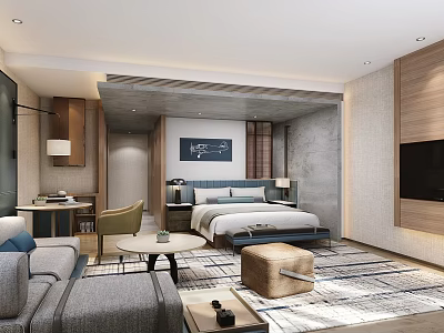 Stylish Hotel Guest Room Featuring Comfortable Bed Sofa Area TV Rug Desk And Decorative Elements 3d model
