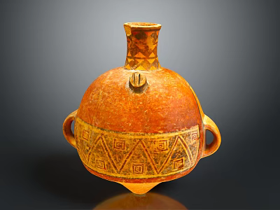 Ancient Orange Pottery Vessel With Rounded Body Two Handles And Geometric Patterns 3d model
