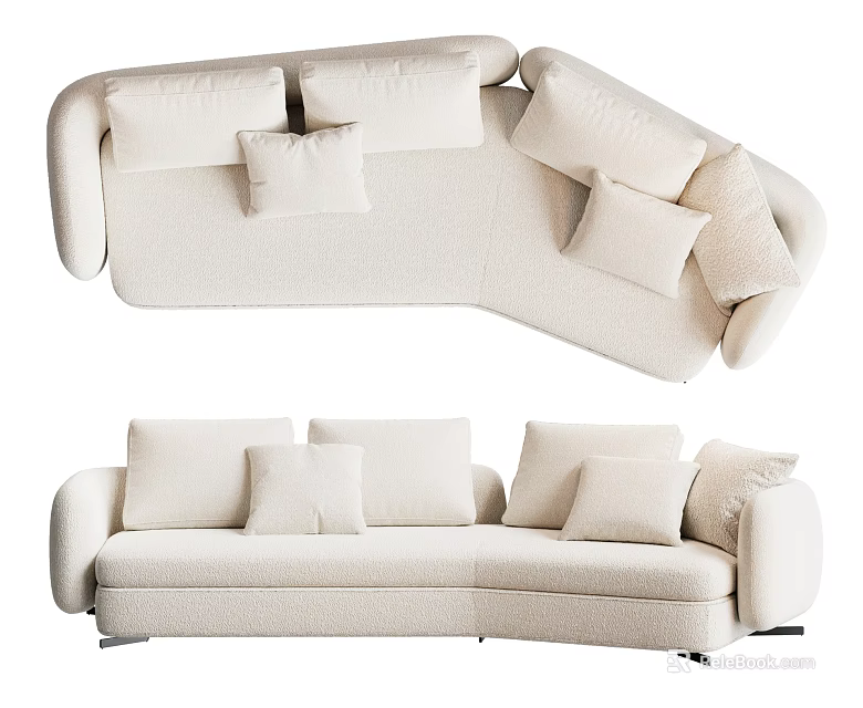 Modern Asymmetrical White Sofa With Soft Bouclé Fabric And Decorative Pillows 3d model 