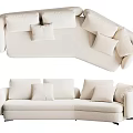 Modern Asymmetrical White Sofa With Soft Bouclé Fabric And Decorative Pillows